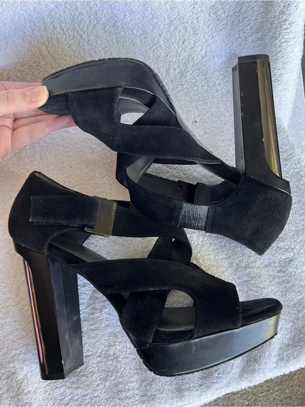 Calvin Klein Nichelle black suede platform sandals metallic silver